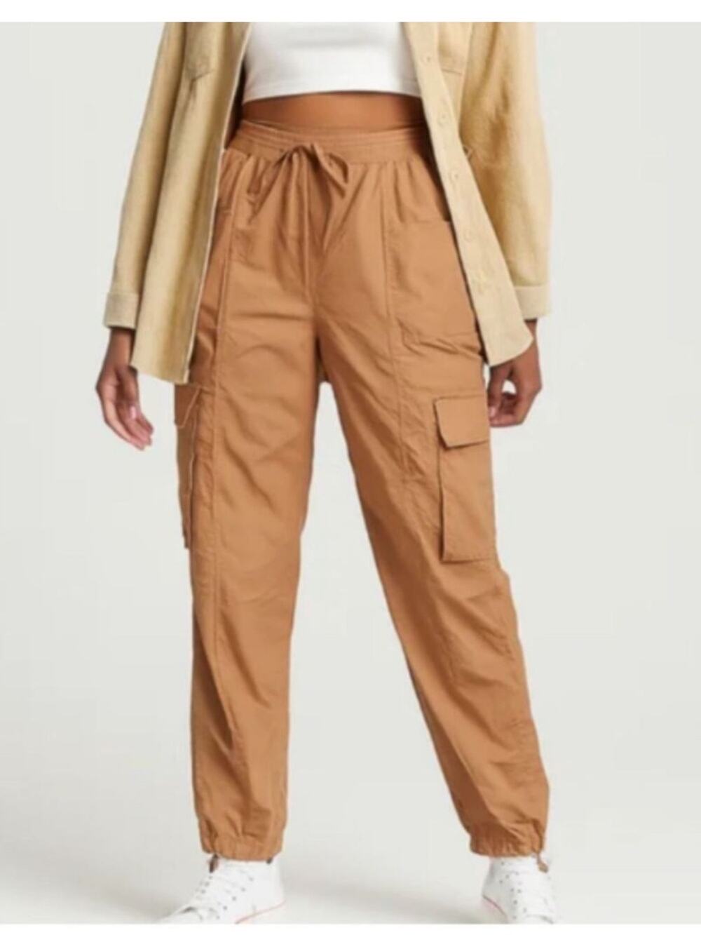 Aerie Cargo Joggers Elastic Waist 100% Cotton Tan Size Small